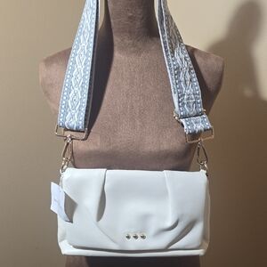 Chic White Crossbody Bag with Patterned Strap